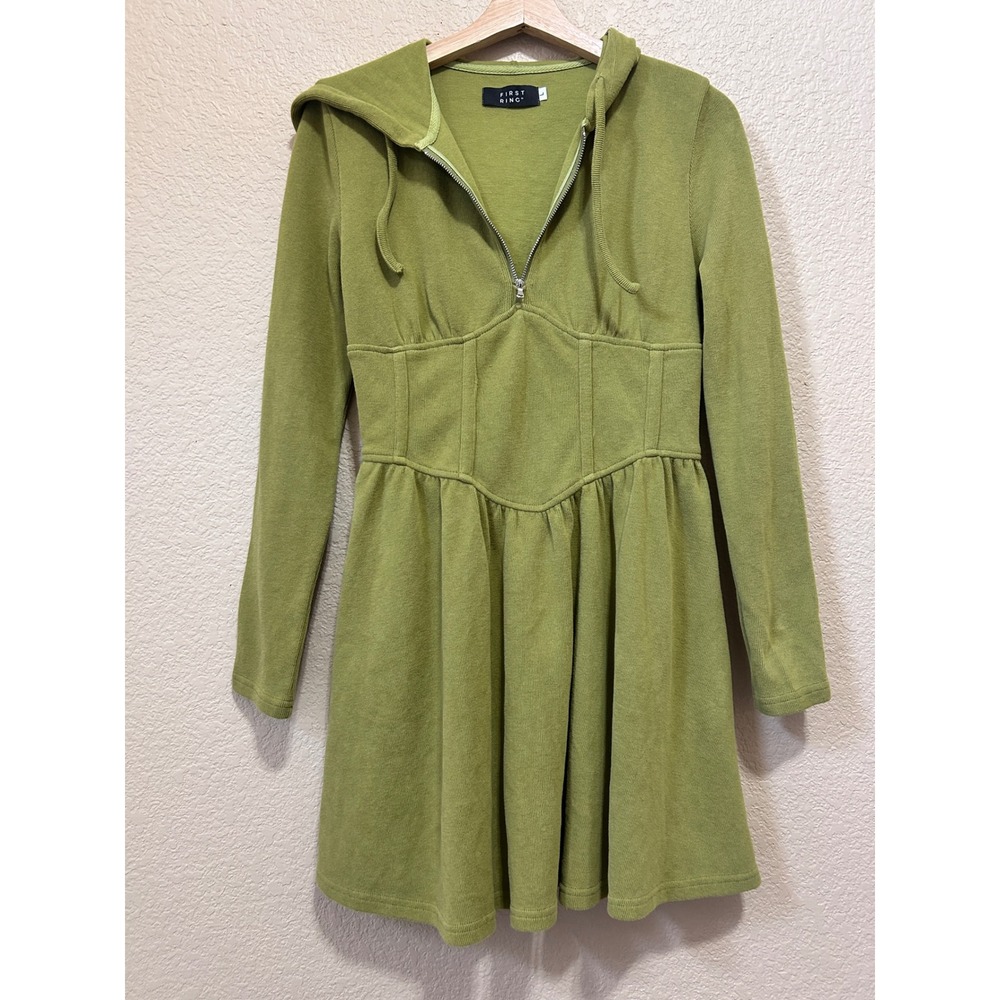 First Ring Large Hooded Corset Mini Dress Olive Green Long Sleeve Gorpcore Fairy
